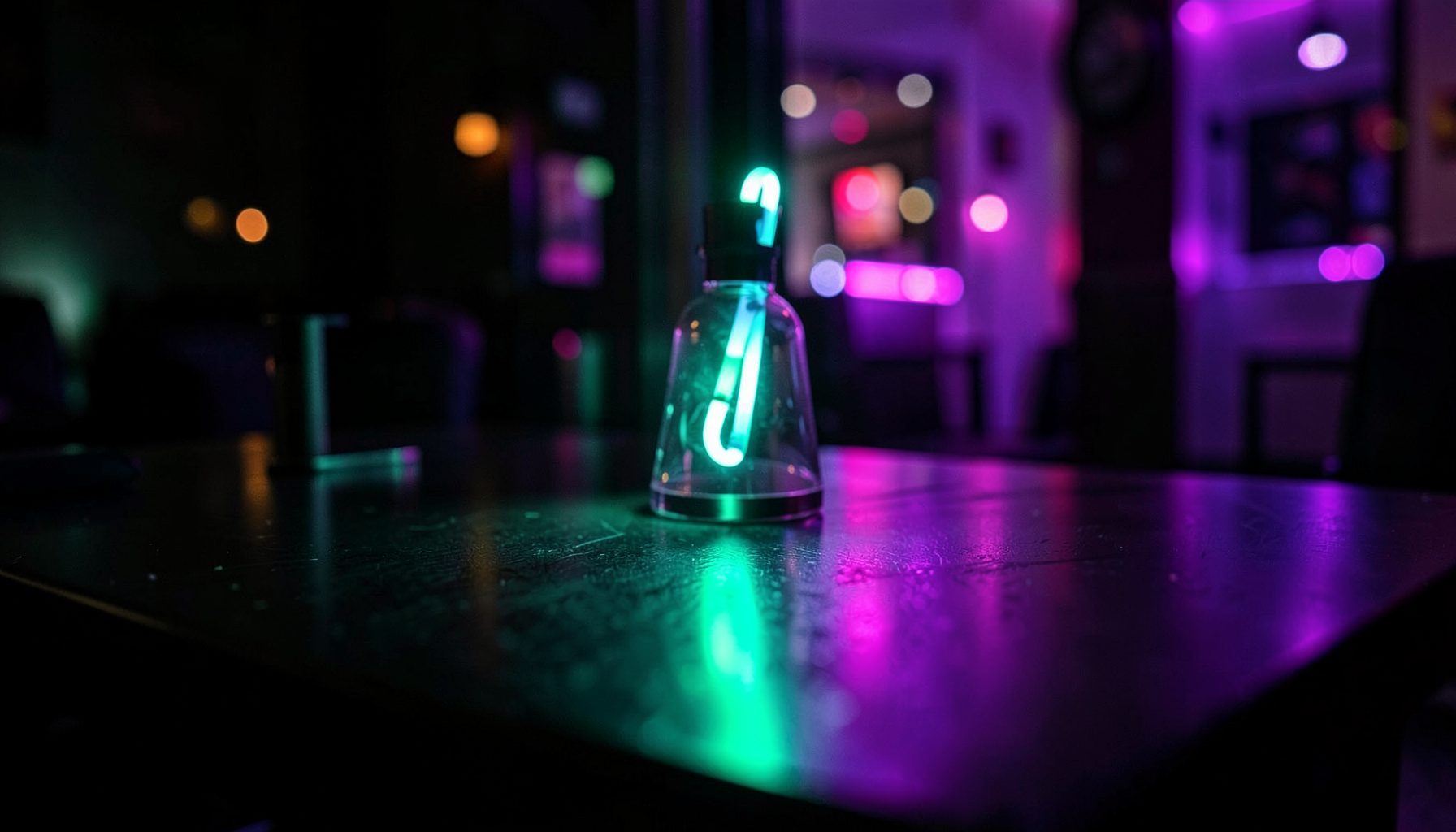 Ánh đèn neon xanh ngọc và tím huyền ảo phản chiếu trên mặt bàn tối, tạo không khí giải trí về đêm sang trọng và ấm áp