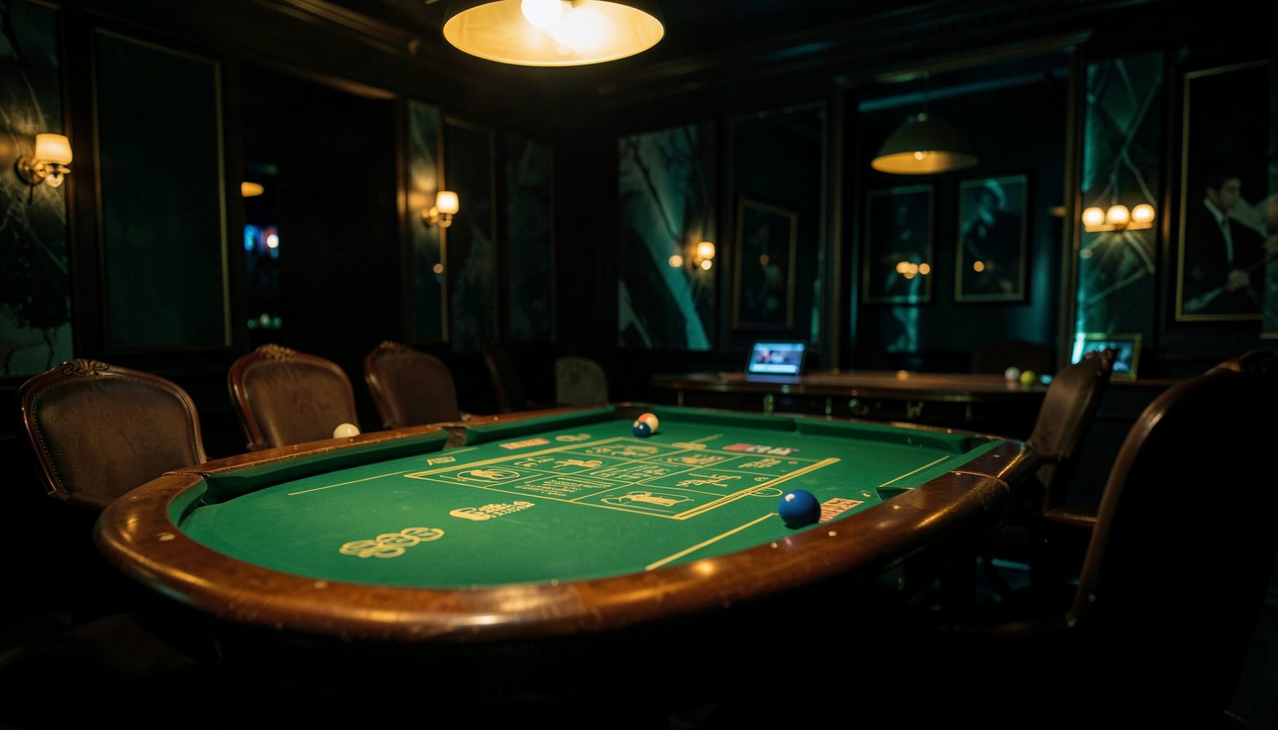 Bàn chơi casino sang trọng với ánh đèn vàng ấm áp, không gian tối huyền bí pha sắc xanh lá đậm, tạo cảm giác kịch tính và tập trung