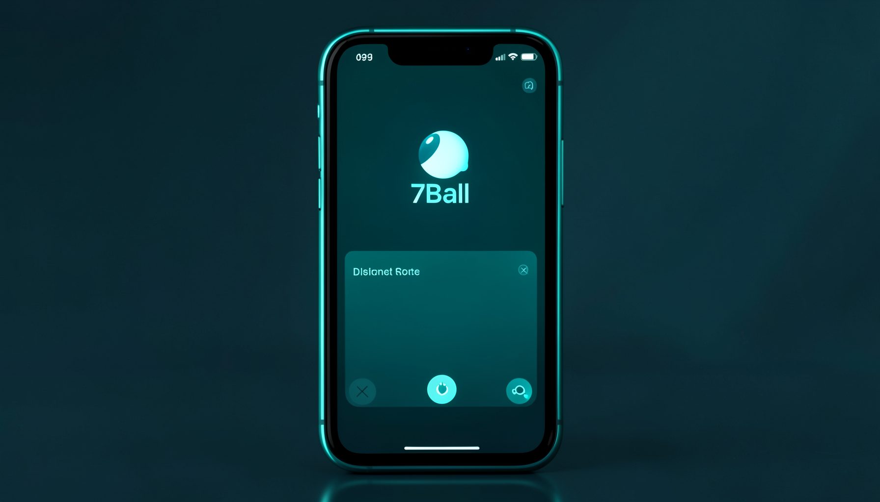 Màn hình điện thoại hiển thị giao diện ứng dụng 7Ball với tông màu xanh ngọc và đen, ánh sáng neon dịu nhẹ phản chiếu trên mặt kính